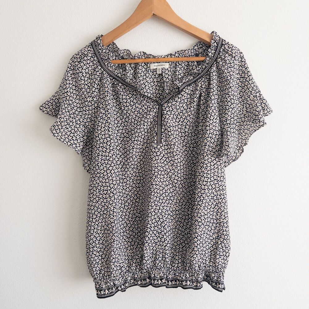 Boho Prairie Peasant Ruffle Blouse w/ Flutter Sleeves Max Studio Size M